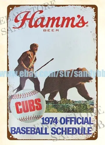 1974 HAMM;S BEER bear CHICAGO CUBS POCKET BASEBALL SCHEDULE metal tin sign
