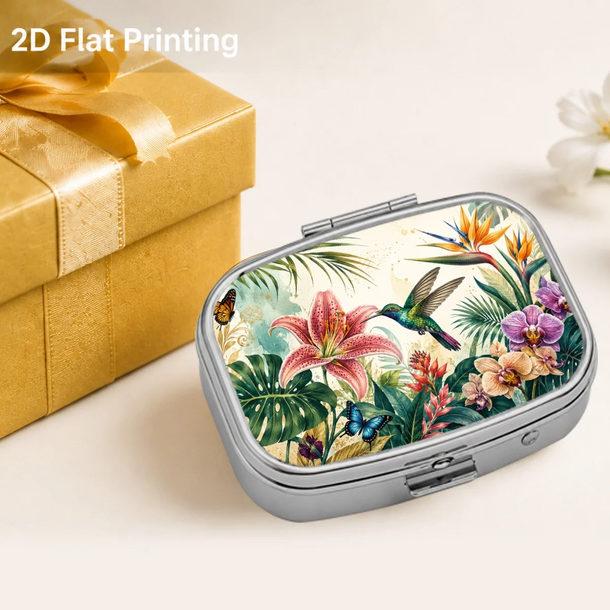 1 Piece, Flatbed Printing, Tropical Lily, Hummingbird, Butterfly and Floral Patterns, Portable Safety Box, Compact Pocket Accessory Box, Divided Storage, Exquisite Small Gift, Creative and Stylish Design, Personal Medicine Box