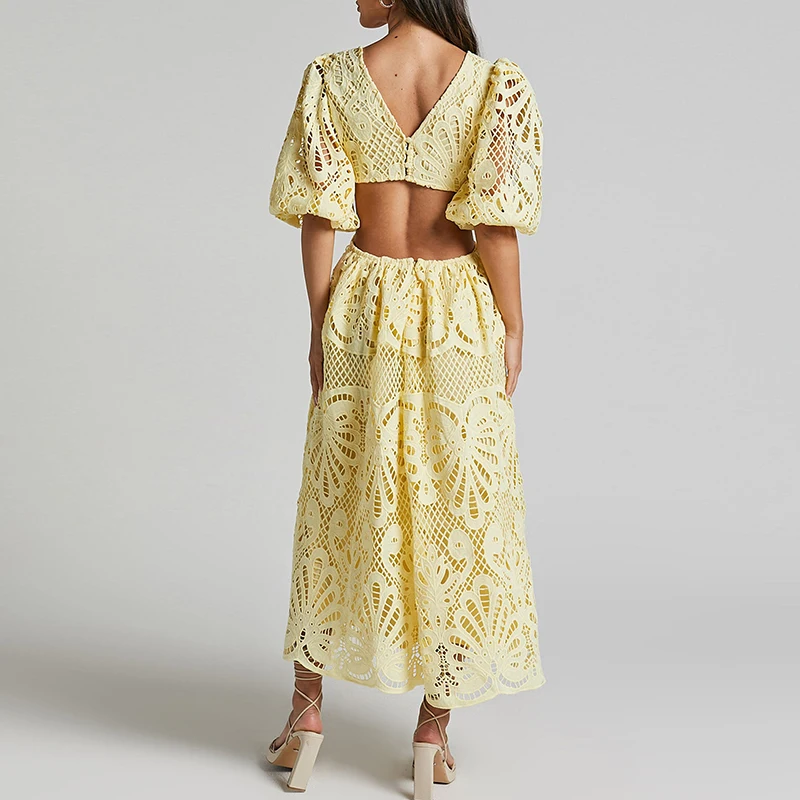 Women Sexy Pleated A-Line Dress Embroidery Retro Puff Short Sleeve Party Dress Temperament V Neck Waist Hollow Lace Long Dress