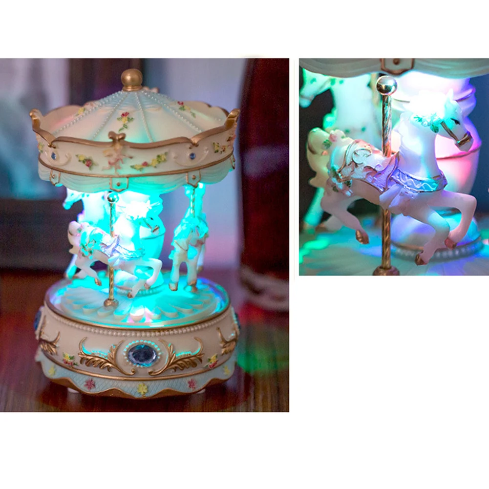 

Wedding Luxury Carousel Resin Music Box Home Gifts Valentine's Day Clockwork Mechanism Swivel Romantic Handwork Decor LED Light