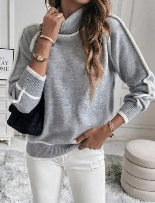 

2025 New Round Neck Color Blocked Loose and Fashionable Pullover Sweater