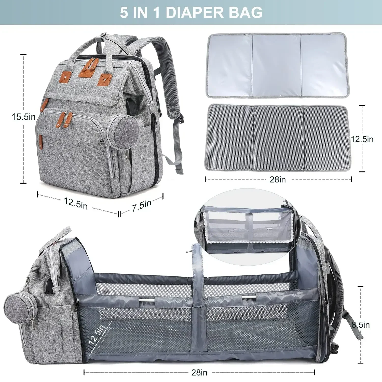 Baby Essentials Travel Tote Multifunction Waterproof with Changing Station Pad Stroller Straps Big for Mommy Diaper Bag Backpack