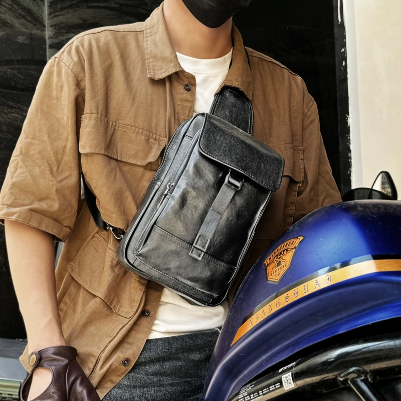 Casual Men's Genuine Leather Chest Shoulder Bag Outdoor Sport Chest Pack Handmade Trendy Male Crossbody Bag For 8.3 Inch Ipad