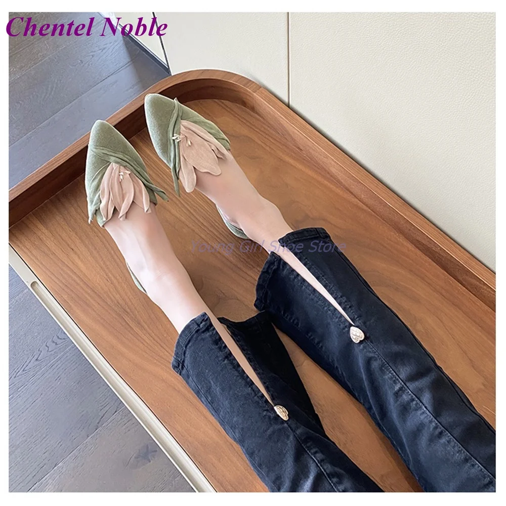 Cowhide Petal Prong Pumps Hollow Flat Heel New Arrival Spring Summer Women Shoes Dance Elegant  Retro Fashion Shoes Green Pink