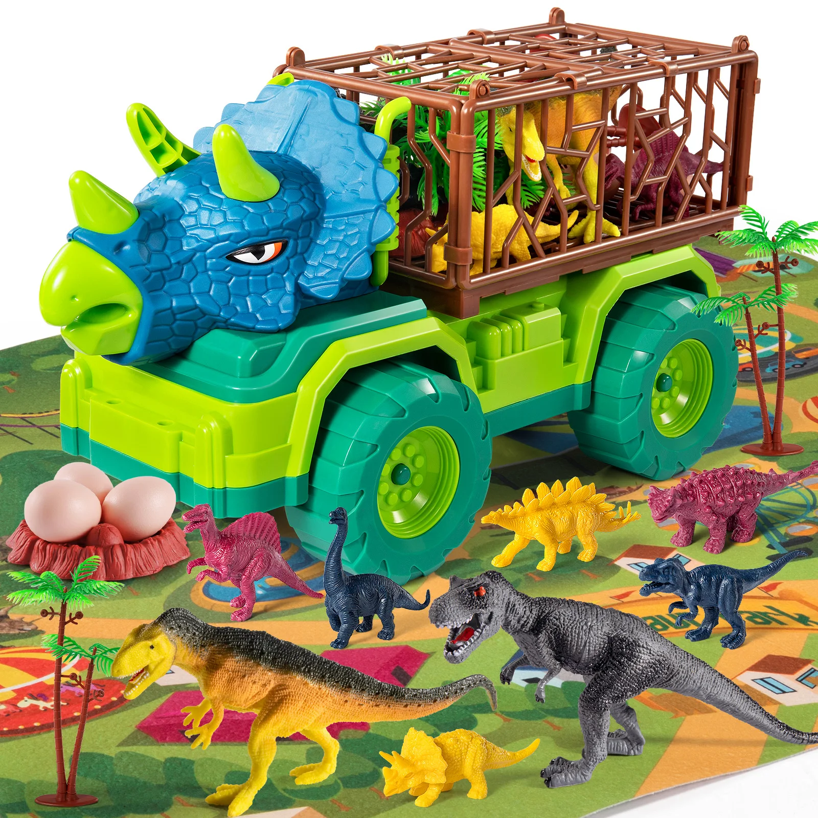 

Large Triceratops Dinosaur Transport Truck Set , with 8 Dino Figures Activity Play Mat, Dinosaur Eggs Trees, 3-6 + children Gift