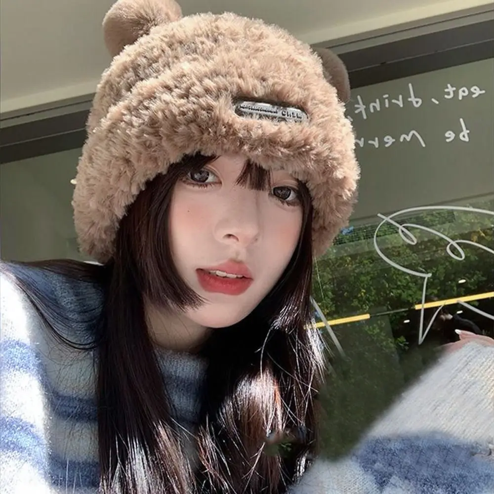 Cute Ear Women Earmuffs Cap Cartoon Bear Ear Protection Hat Solid Color Plush Beanies Girl Winter Warm Fluffy Fur Headgear 모자