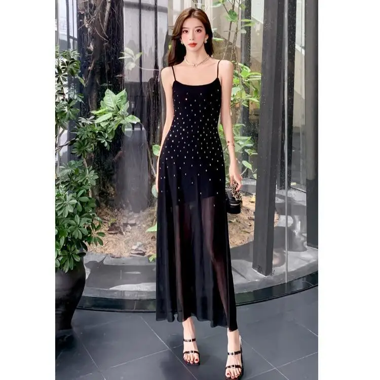 

Designed Dot Printed Mesh Stitching Sexy Suspender Dress Women's French Style Waist-hugging Long Skirt