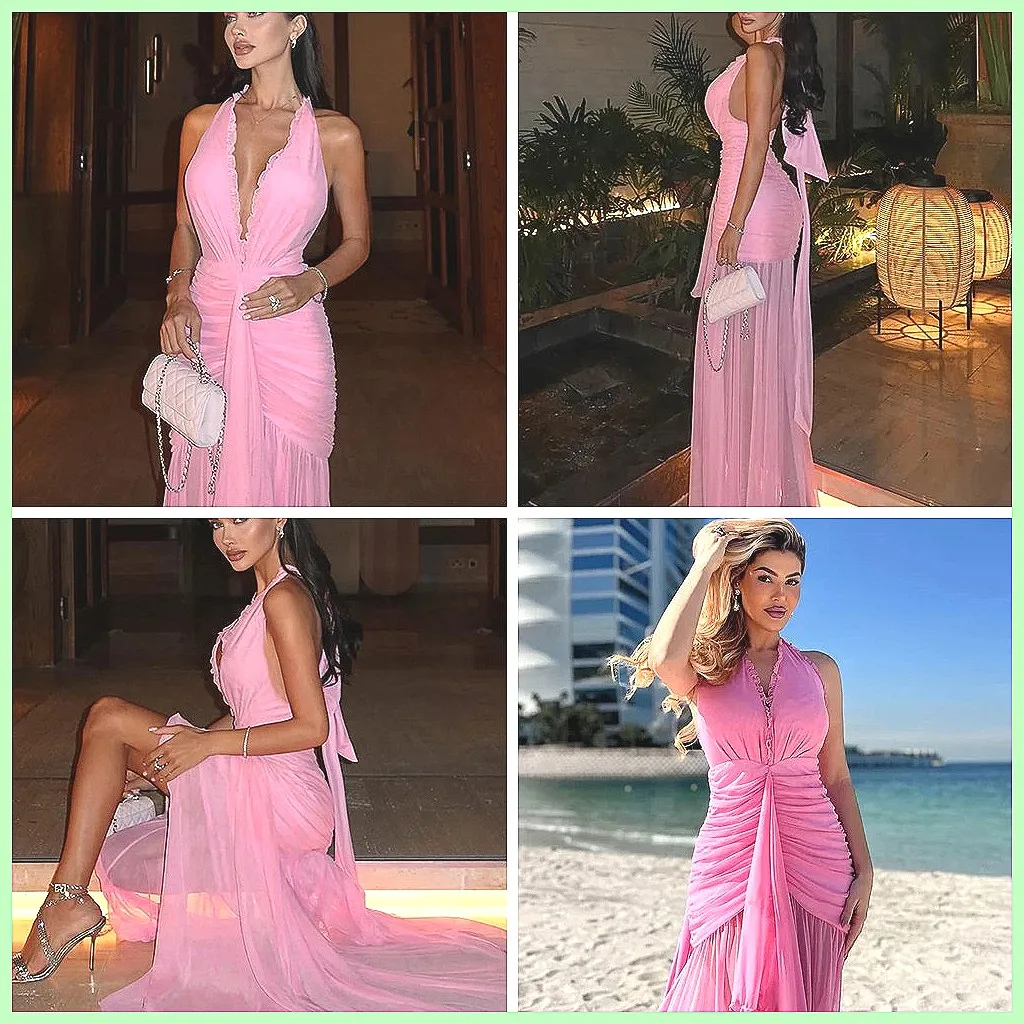 

Chic Pink V-Neck Pleated Halter Maxi Dress for Women, Sexy Off-Shoulder Evening Party Gown