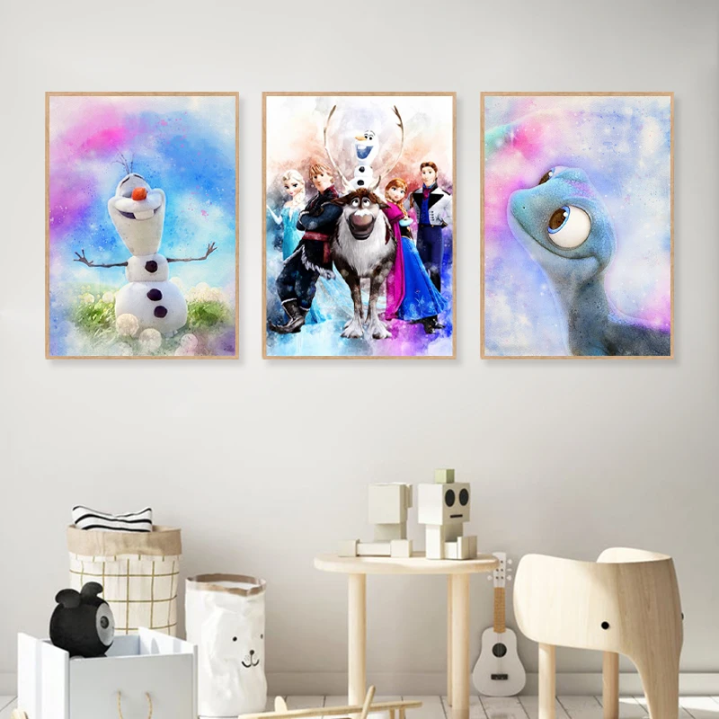 Póster de dibujos animados clásicos de Frozen, pintura artística de Salamander Olaf, regalo para niñas, impresión en lienzo de acuarela, decoración de habitación