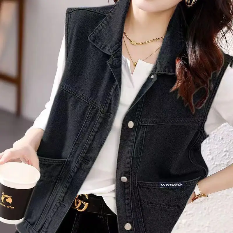 Autumn Cowboy Vest Sleeveless Cardigan Women's Vests Spring Summer New Waistcoat Jacket Fashion Cargo Pocket Couple Jacket Chic