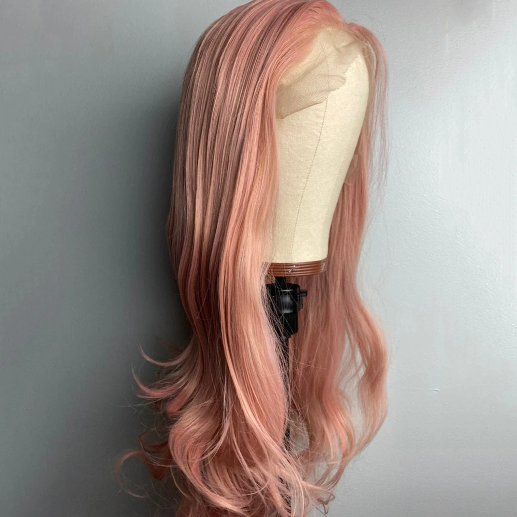 Parrucca rosa pastello capelli lunghi ondulati parrucca anteriore in pizzo sintetico per le donne parrucche Cosplay rosa oro rosa per le donne Drag 150% resistente al calore