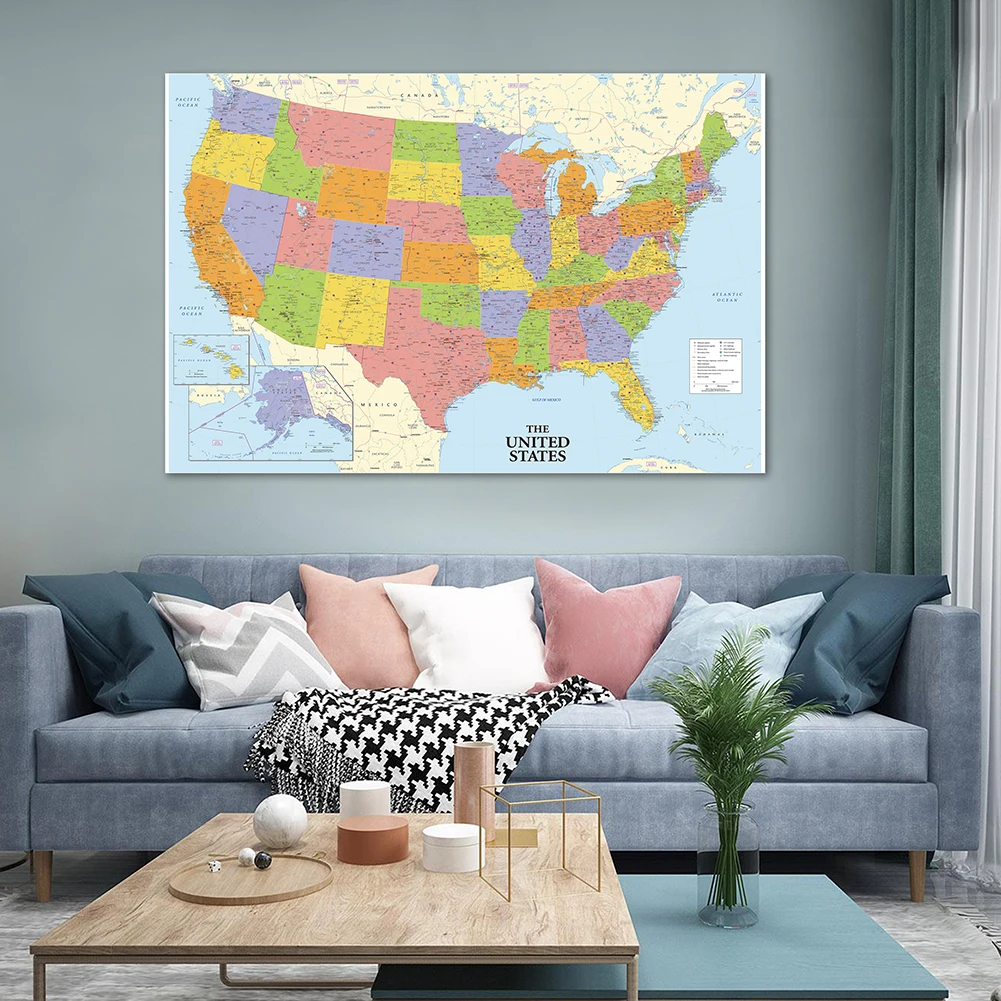 Mappa USA In inglese dettagliata tela Non tessuta pittura Wall Art Poster stampa decorativa soggiorno casa materiale scolastico 120*80cm