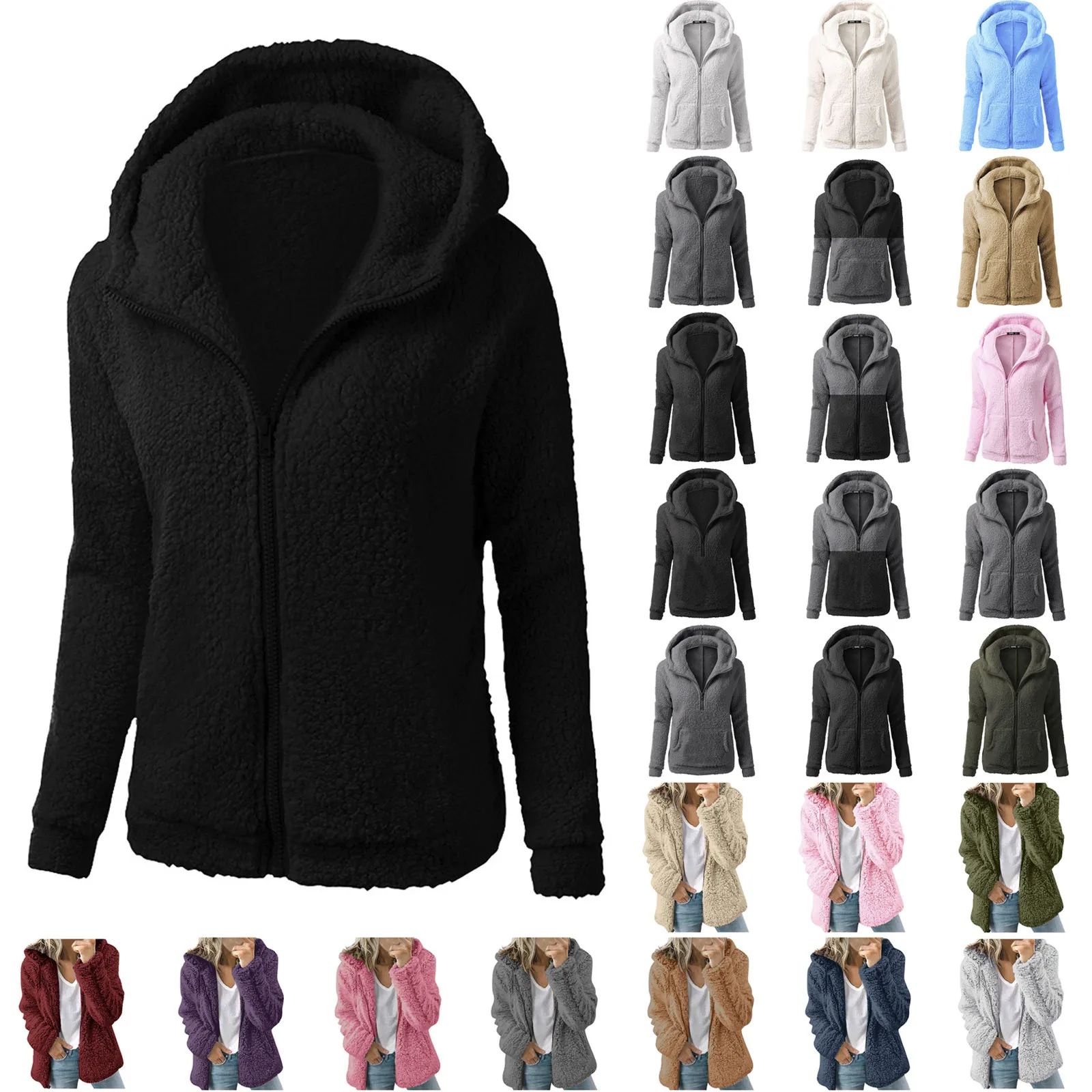 Womens Casual Coats Jackets Autumn Winter Hooded Warm Outwear Women Fleece Zipper Coat Women\'S Lamb Stitching Coat