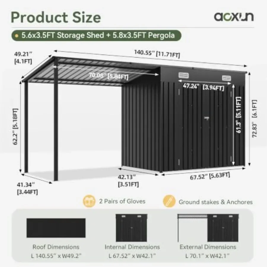 Outdoor storage shed hardtop gazebo combo for backyard use, galvanized steel frame, charcoal gray, weather-resistant and easy a