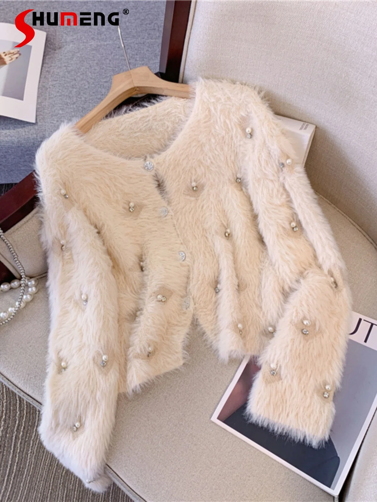 

Fashion Feminine V-Neck Beaded Sweater Short Jackets Women's 2024 Autumn Winter Trendy Knitwears Long Sleeve Knitted Cardigan