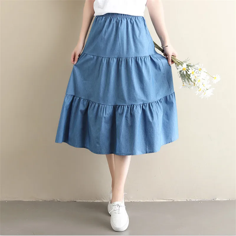 2026 Spring Summer Ruffled pleated jeans skirt Women\' long Skirt High Waist Denim Skirts black blue jeans skirts vintage clothes