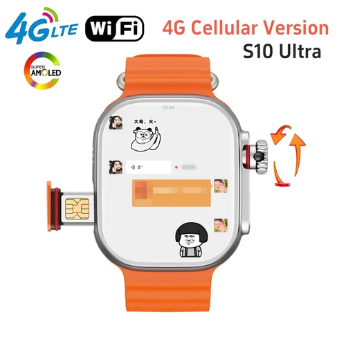 오리지널 CDS9 스마트 워치 업데이트 S10 울트라 안드로이드 스마트워치, 2.2 인치 아몰레드 스크린, GPS 와이파이 로터리 카메라, 앱 스토어 SIM 카드