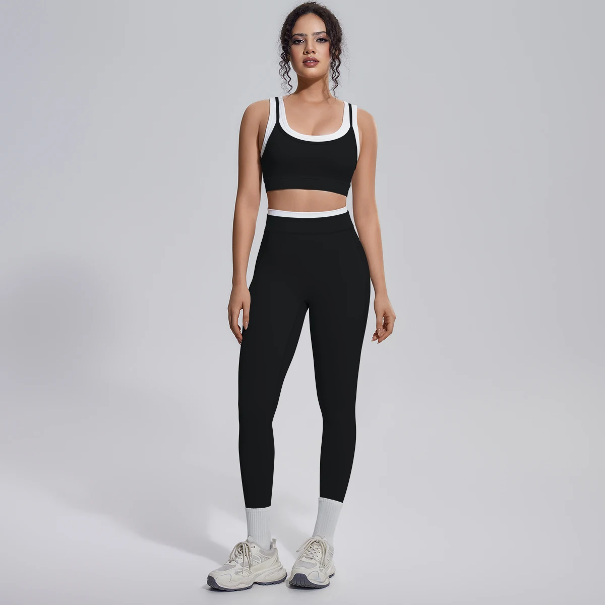 Rooftrellen 2-teiliges Yoga-Set für Damen, sexy Sport-BH, Yoga-Top mit Brustpolster, Farbblock-Design, Yoga-Hose mit Po-Formung, Damen-Fitness-Set – Detail 7