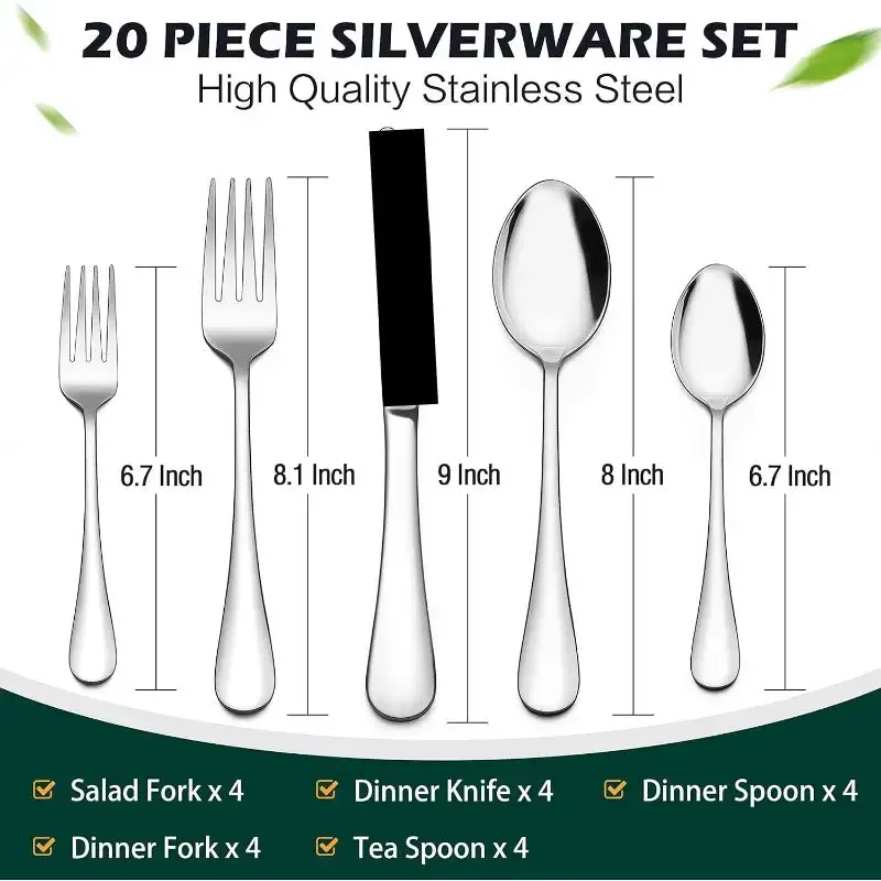 20 Piece Silverware Flatware Cutlery Set, Stainless Steel Utensils Service for 4, Include Fork Spoon, Mirror Polished