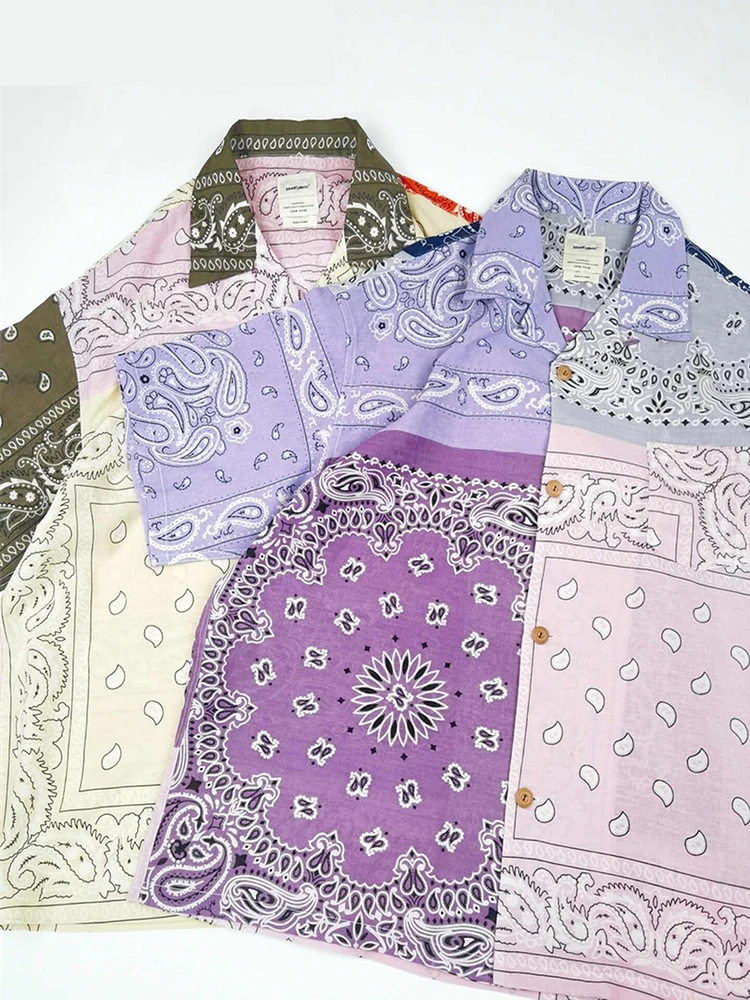 

Retro Cashew Flower Short Sleeve Cuban Collar Shirt Hawaiian Style Trendy Flip Collar Loose Japanese Shirts