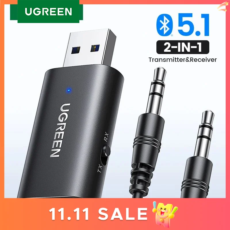 UGREEN Receptor Bluetooth Transmissor 2 em 1 Adaptador Bluetooth 5.1 Receptor sem fio para carro Aux para alto-falante estéreo de carro Fone de ouvido TV PC Receptor de áudio com conector de 3,5 mm Microfone embutido