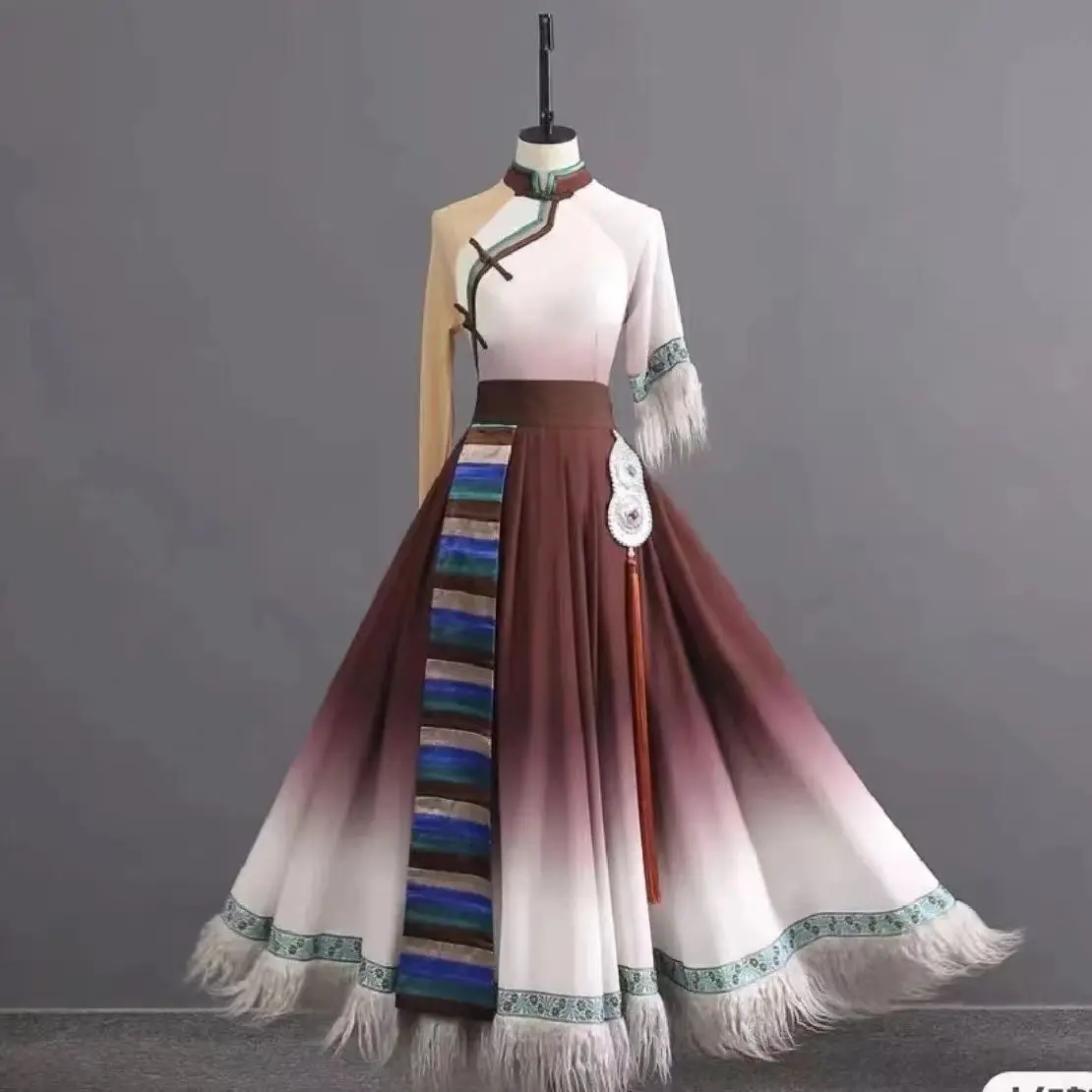 التبتية Tsering Lhaso أداء الرقص زي العرقية طالبة الفن امتحان الرقص ممارسة الرقص نصف طول تنورة الرقص #6