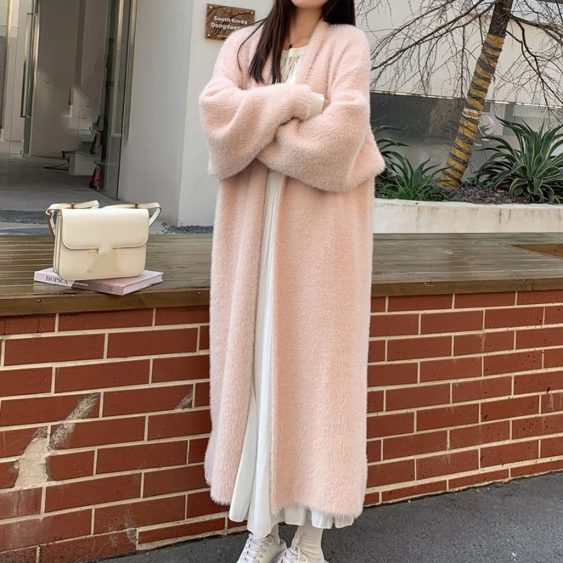 

Fluffy Long Cardigan Women Elegant Long Sleeve Fur Loose Female Knit Sweater Coat 2024 Autumn Winter Street Maxi Lady Outwear