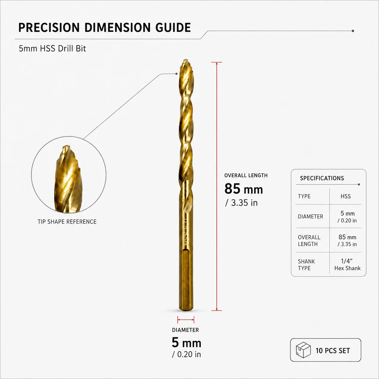 10 Pcs Twist Drill Bit Set Sharp Cutting Edge Anti-Rust Household Drilling Tools for Metal, Timber, Plastic