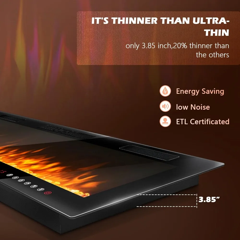 Calentador de chimenea lineal eléctrico montado en la pared de 30 pulgadas con control de pantalla táctil, 750/1500W, diseño empotrado para decoración moderna del hogar
