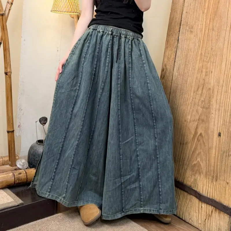 

New Arrival 2025 Spring Summer Arts Style Women Elastic Waist Loose Cotton Denim Pants Vintage Spliced Design Wide Leg Jeans TH8