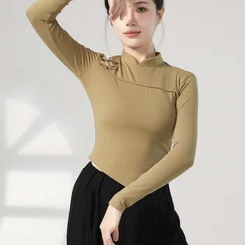 여성용 단색 라인 댄스 코스튬 라틴 탑, 동양 클래식 재즈 벨 슬리브, 모던 한푸 섹시 대회 코스프레 티셔츠 
