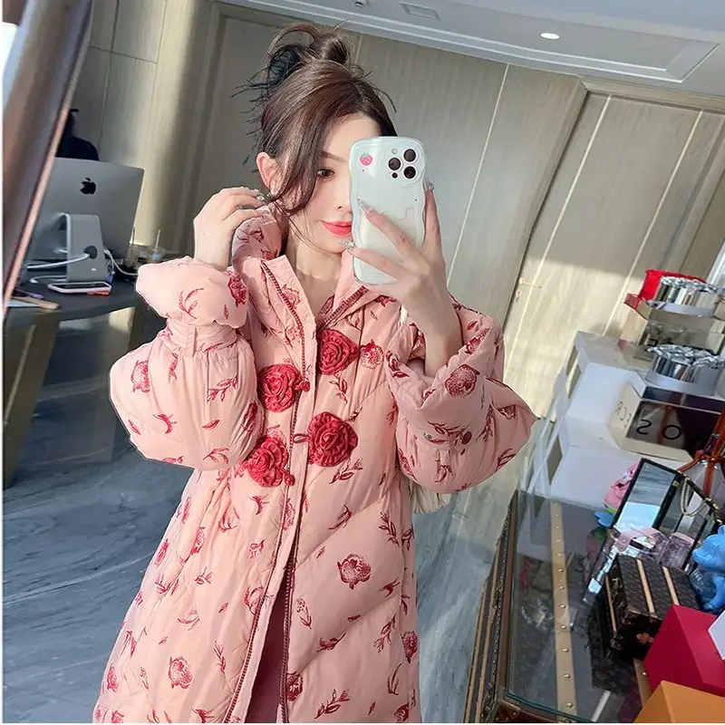 Winter New Fashionable Lady Gentle [Ink-dyed Rose] 90 White Duck Down Cross-stitch Platen Buckle Thick Long Women's Down Jacket