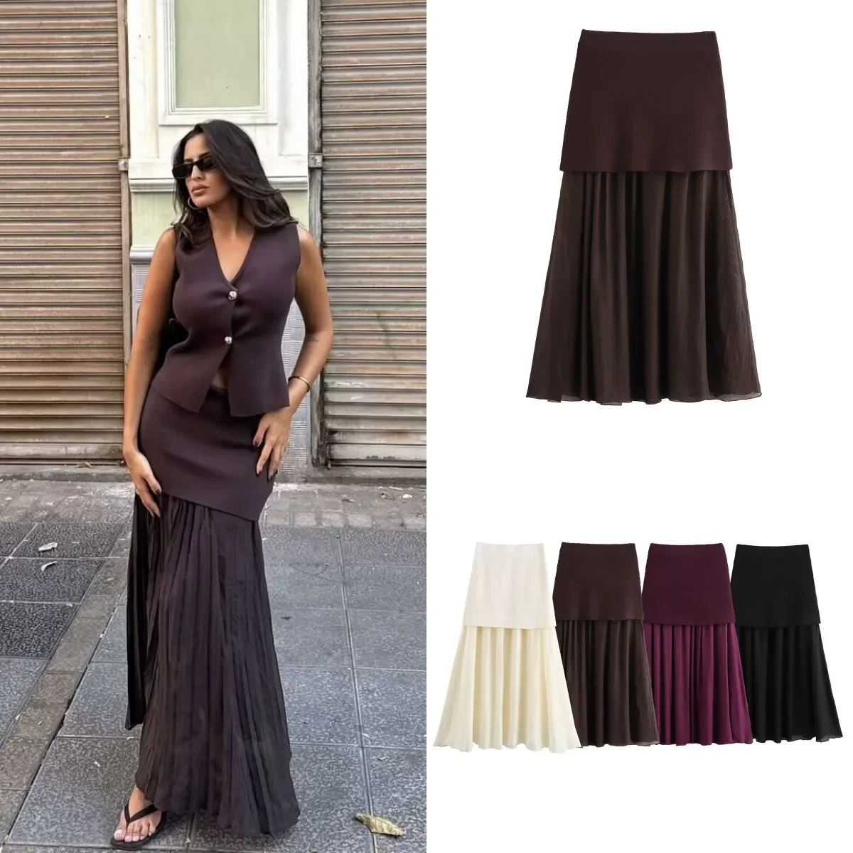 

New 2025 spring women elegant Skirts fashion same color splicing small pleated hem high waist knit skirt