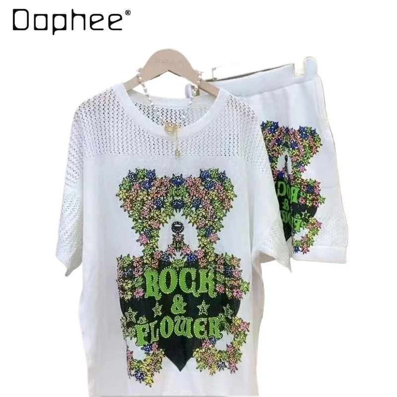 

Summer 2025 New Casual Knitting Suit Women's Hot Diamond Bear Printing Loose Short Sleeve T-Shirt and Shorts Two-piece Sets