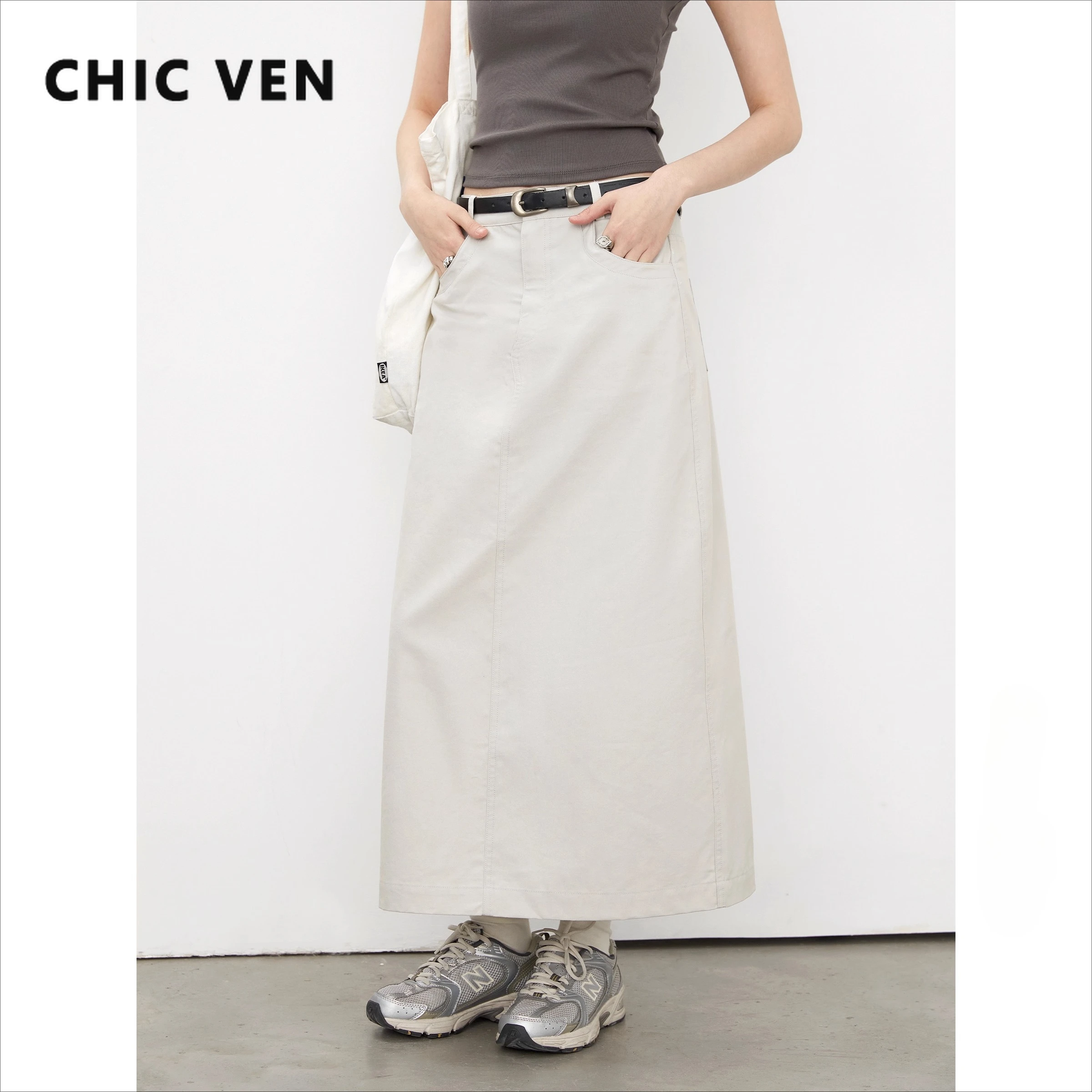 

CHIC VEN Korean Women Skirts Solid Casual New High Waist A-line Skirt Workwear Medium length Skirt Spring Summer 2025