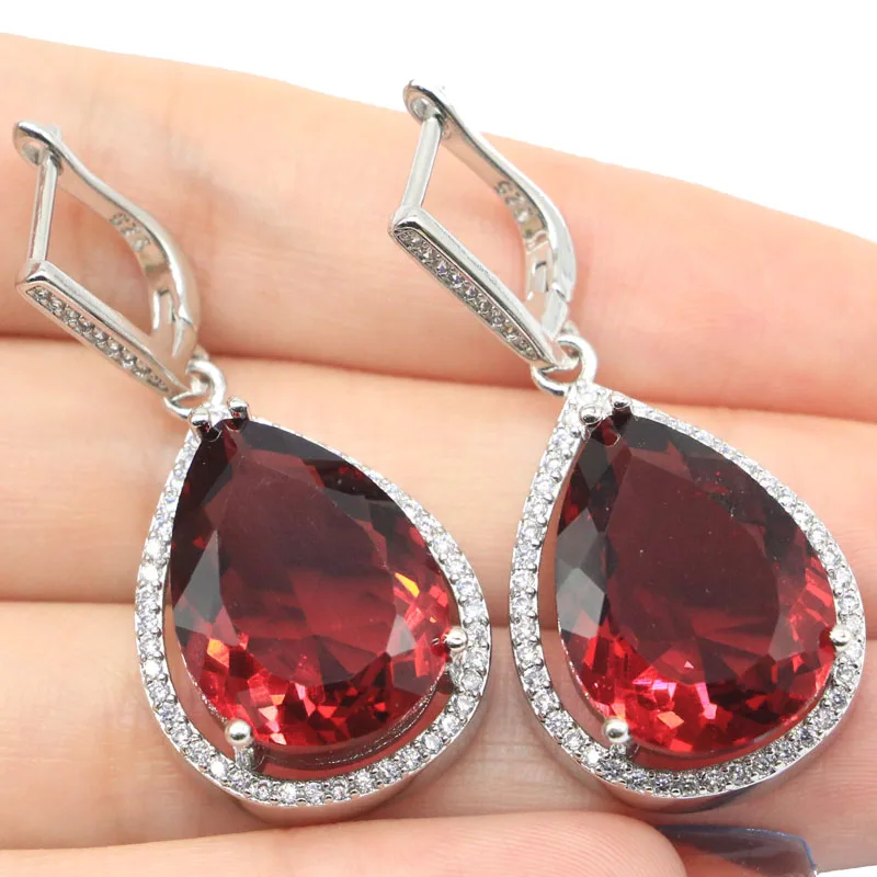 

Buy 5 Get 1 Free 43x19mm Lovely Cute Pink Raspberry Rhodolite Garnet White CZ Women Dating Silver Earrings