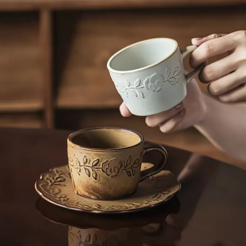 

Full of ancient charm, it instantly captures the heart. With a vintage weathered feel, the embossed coffee cup and saucer set ex