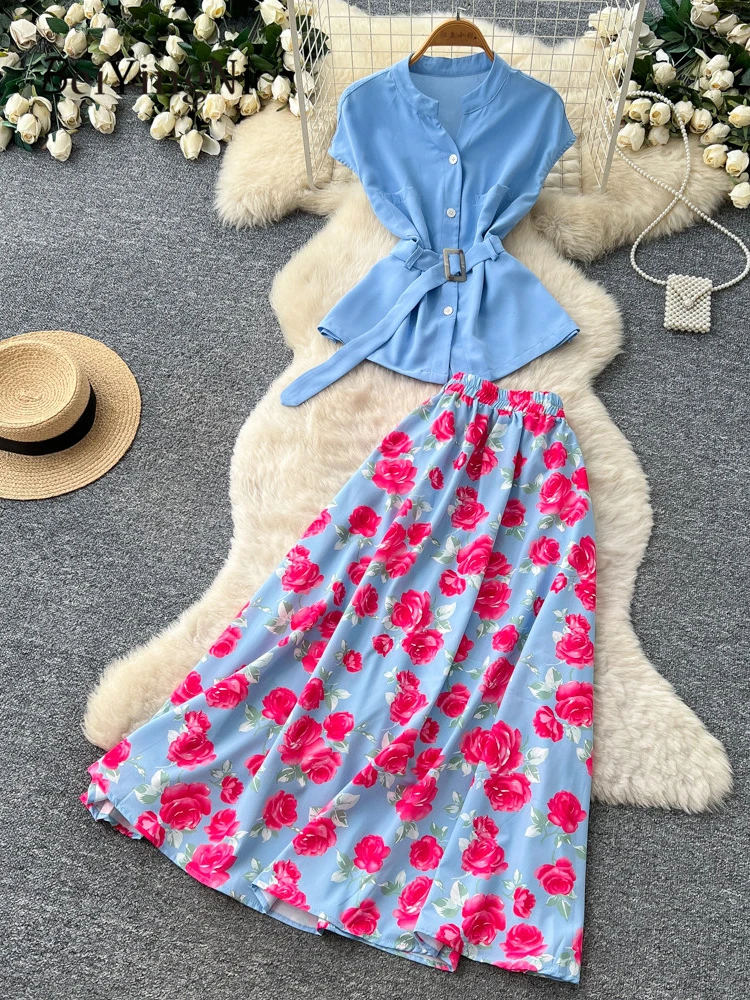 

Beiyingni 2026 Summer Women's Shirt And Skirts 2 Piece Set Korean Red Print Top Matching Sets Casual Vacation Elegant Outfits
