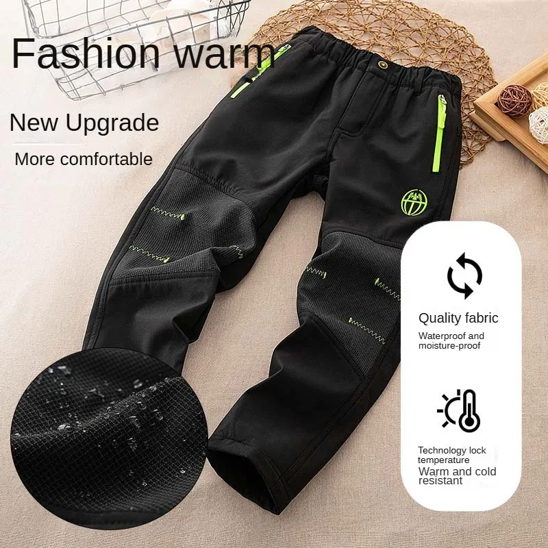 Kids Fleece Lined Elastic Waist Pull On Hiking Snow Ski Pants Waterproof Winter Warm Pants with Zippered Pocket