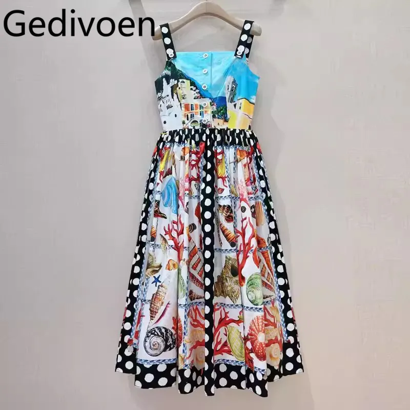 

Gedivoen Summer Fashion Runway Designer Dresses Women's Bohemian Beach Polka Dot Print Spaghetti Strap Medium Length Dresses