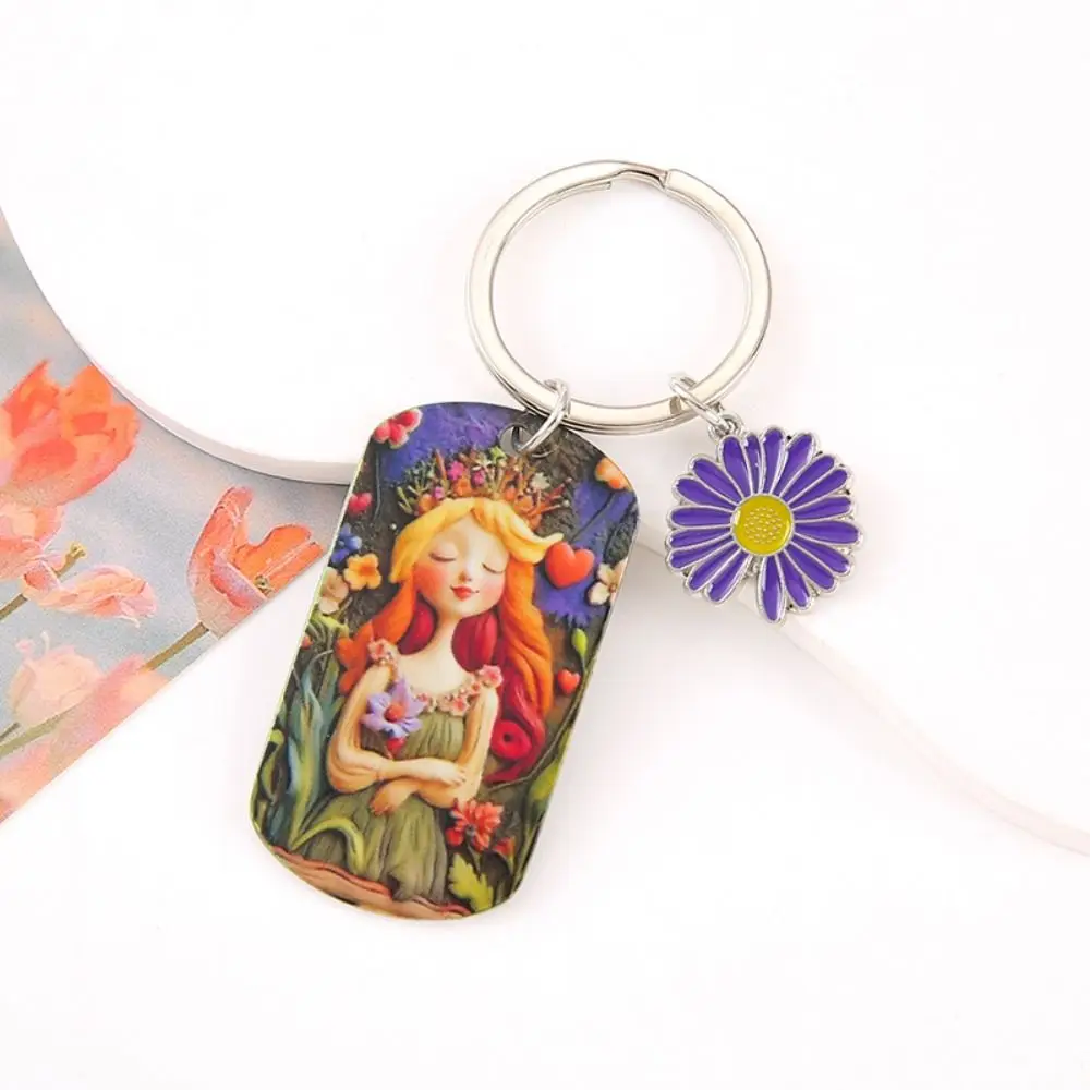 Sunflower Girl Stainless Steel Keychain Born in The Sun Oil Painting Girl Bag Decorations Stainless Steel Metal Bag Pendant Men