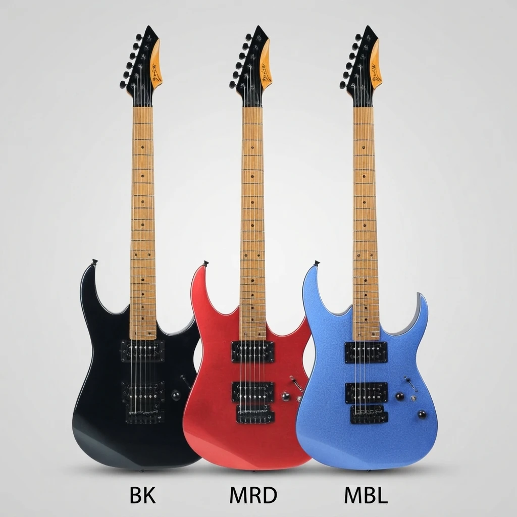 RG Style Electric Guitar 6 Strings, HH Pickups, Double Cutaway, Maple Neck, 3 Metal Colors, Black Hardware for Beginners