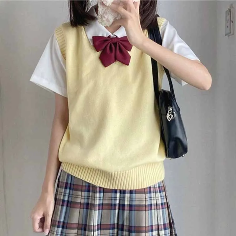 

College Style Sleeveless Sweater Vest Women Preppy Style All-Match School Girls Jk Knitted Vest Solid Basic Knitwear Waistcoat