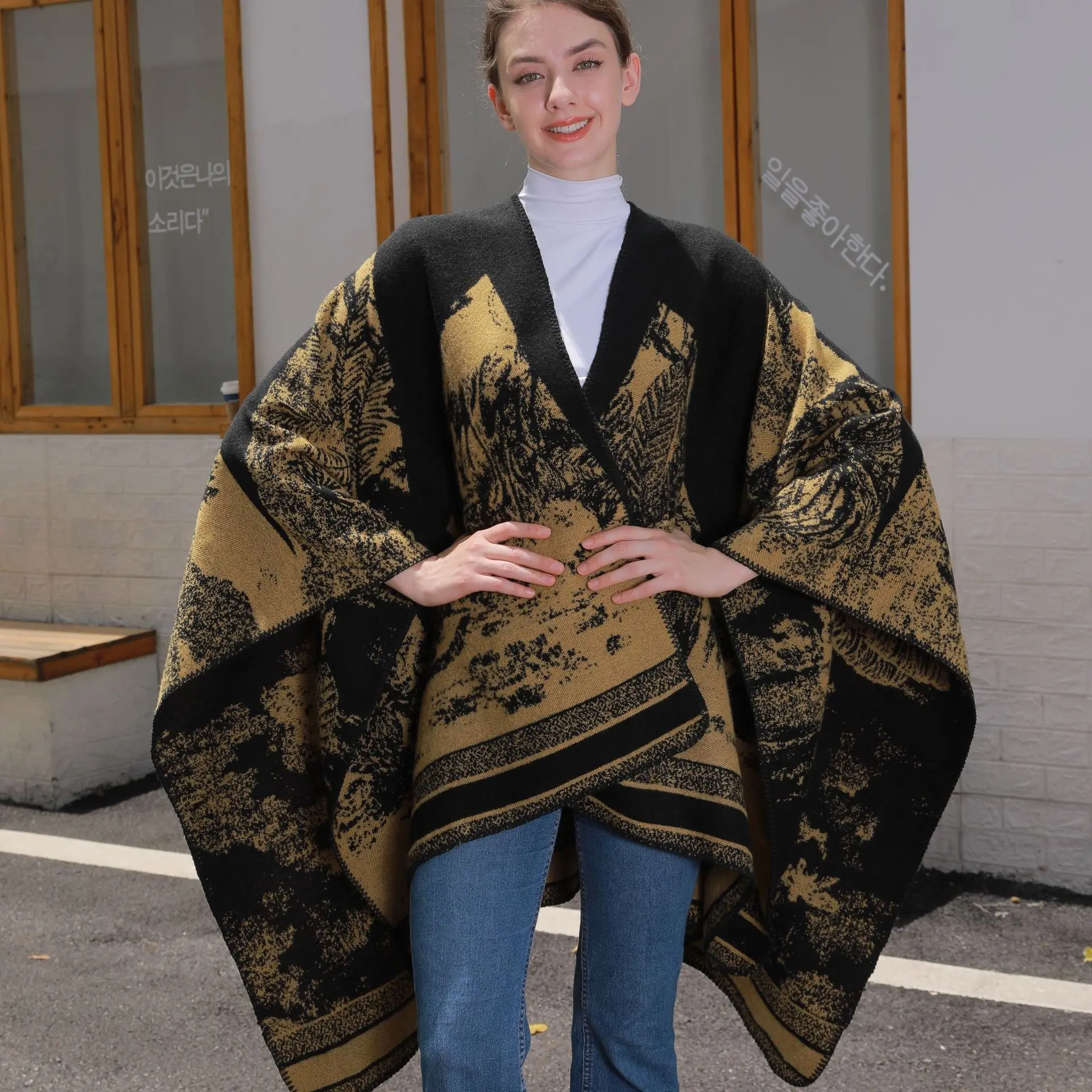 

7 Colors Autumn Winter Warm Double Side Blanket Faux Cashmere Women Printed Jungle Slit Cape Bat Type Knitted Poncho Cloak