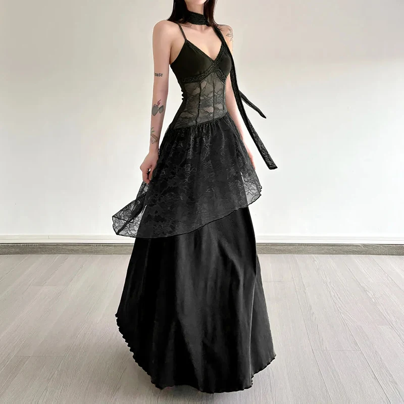 Abito da donna con scollo a barchetta in pizzo francese elegante stile Hepburn con giunture abito longuette Y2K streetwear abiti da vacanza per ragazze calde