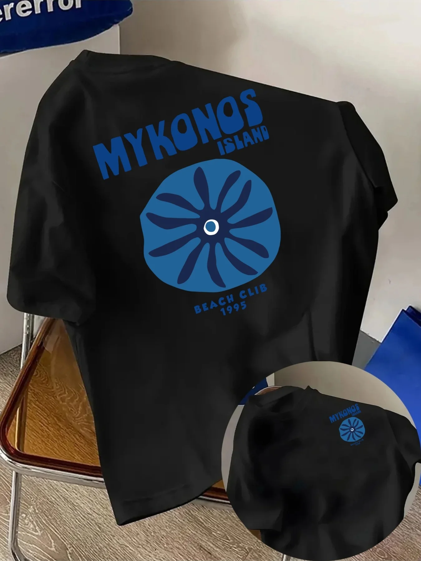 Mykonos Island Retro Beach Club Floral Print on Premium 100% Cotton Mens T Shirt Perfect for Summer Vacation Style