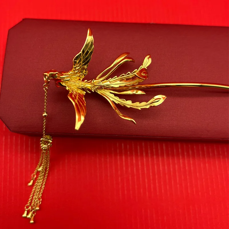 Lucky Bride Phoenix Hairpin Phoenix Hairpin Ancient Style Xiuhe Hanfu Step Shake Tassel Imitation Gold Hairpin