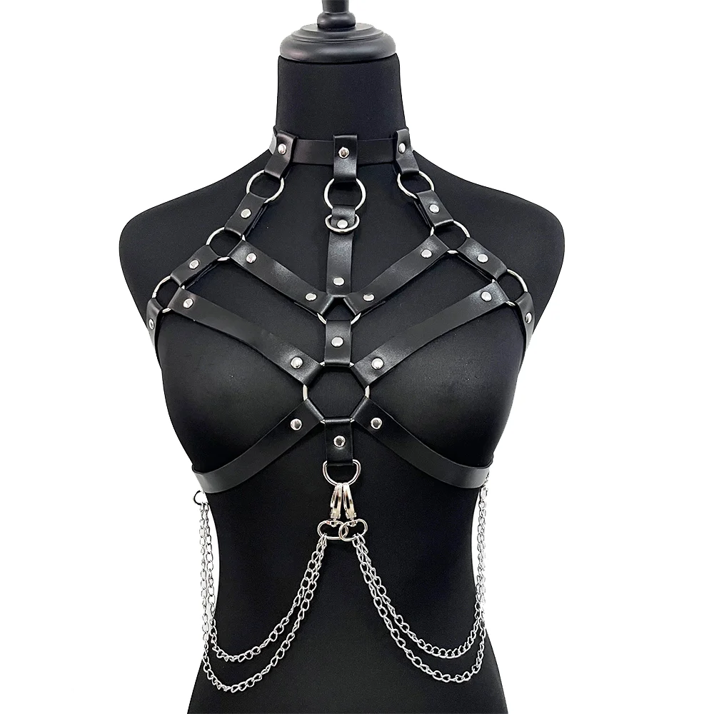 Women Gothic Chain Chest Harness PU Leather Strap Belt Body Chain Punk Corset Decor Belt Accessories for Party Costume