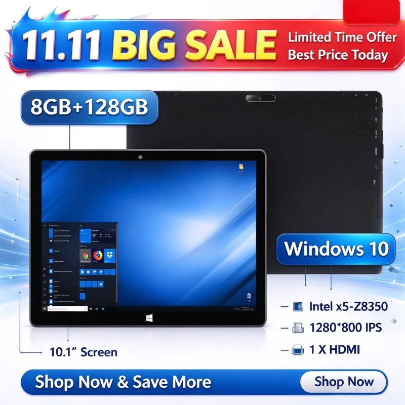 AR10 10.1인치 윈도우 10 태블릿, 8GB RAM, 128GB ROM, 64비트 인텔 아톰 X5-Z8350 CPU, 듀얼 카메라, 1280*800 IPS 디스플레이, Wi-Fi, 블루투스 4.0.