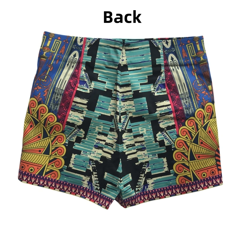 Women's Multi-colored Boho Print High-waisted Back Zip Close Stretch Hot Pants Park Shorts with A Bohemian Eclectic Aesthetic